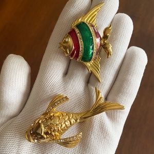 Fish Shaped Brooches Set, Gold Fish and Colorful Flounder Pins